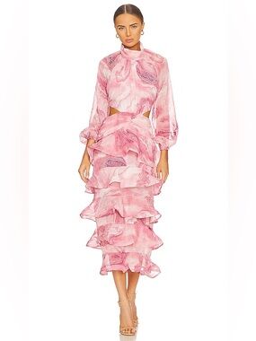 ELLIATT Memories Tiered Ruffle Cutout Maxi Dress Pink Marble Print NWT XXS